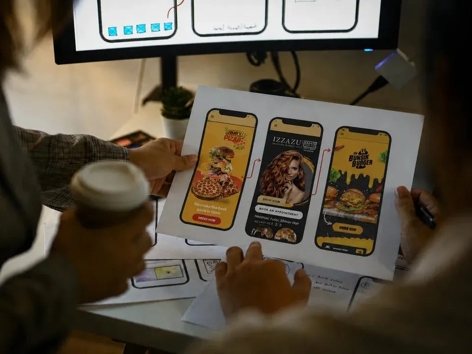 Designers reviewing mobile app screen layouts for hospitality and salon brands