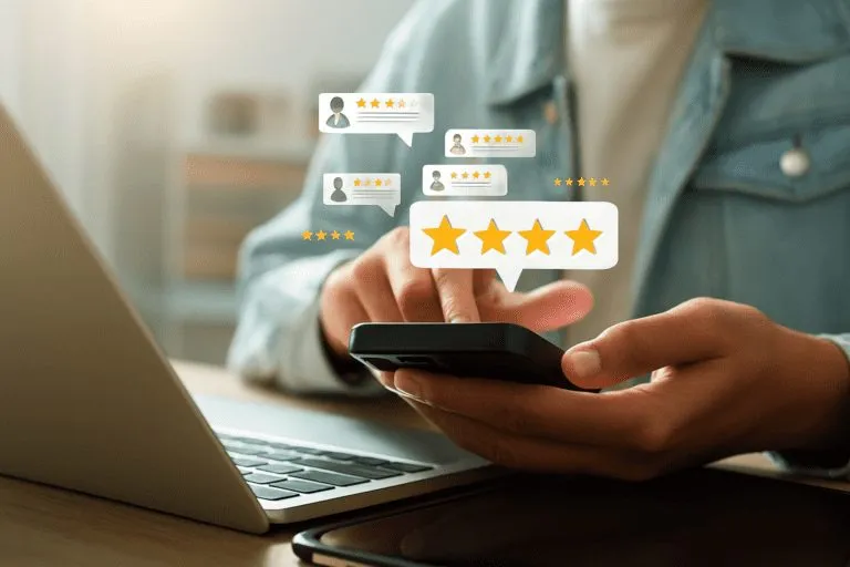 Customer leaving a five-star review on a phone