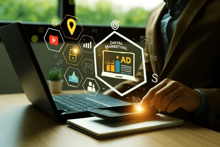Laptop with search marketing and location icons