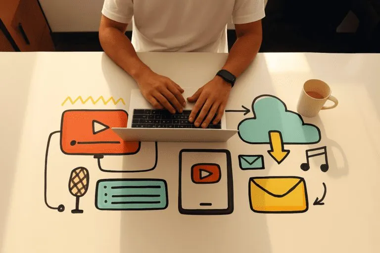 Content creator planning social posts, video and email across channels