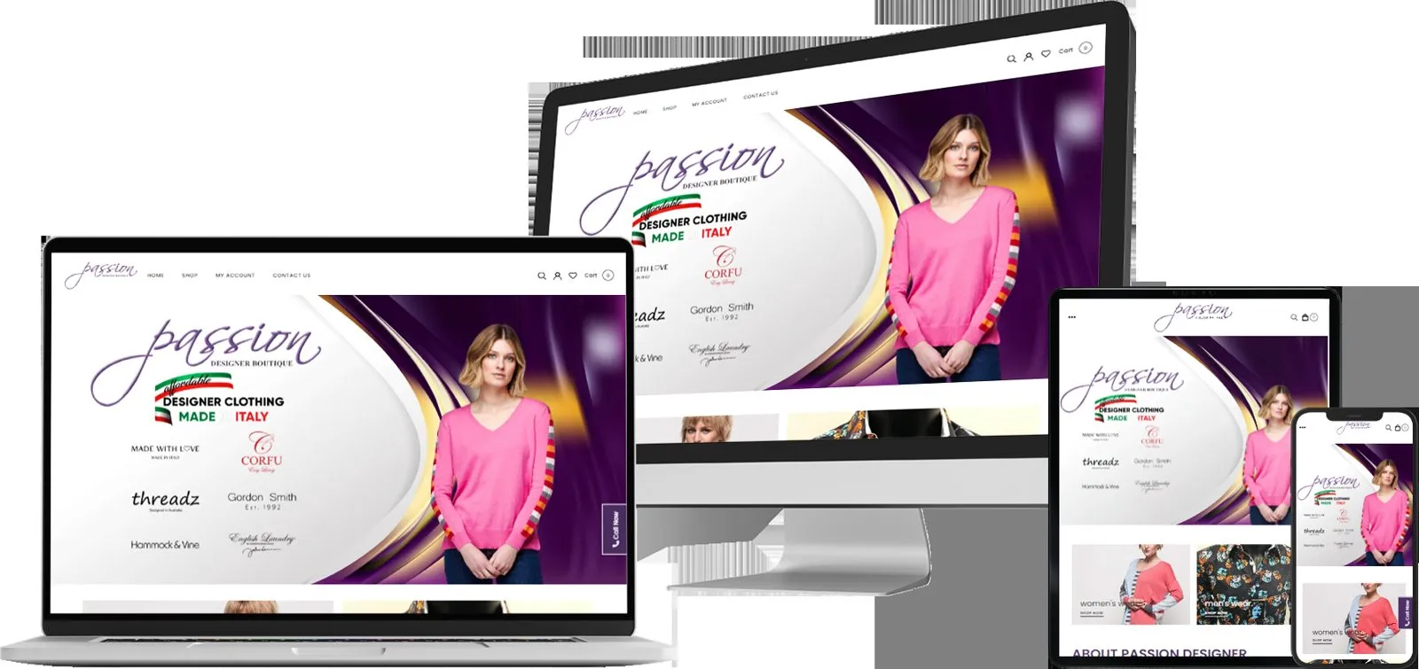 Passion Designer Boutique online store shown on desktop, laptop, tablet and phone