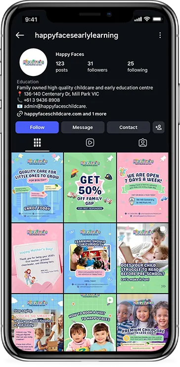 Happy Faces Early Learning Instagram feed grid designed by Apex Digital Advisory
