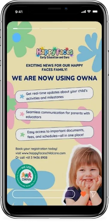 Happy Faces Instagram story announcing the OWNA parent app